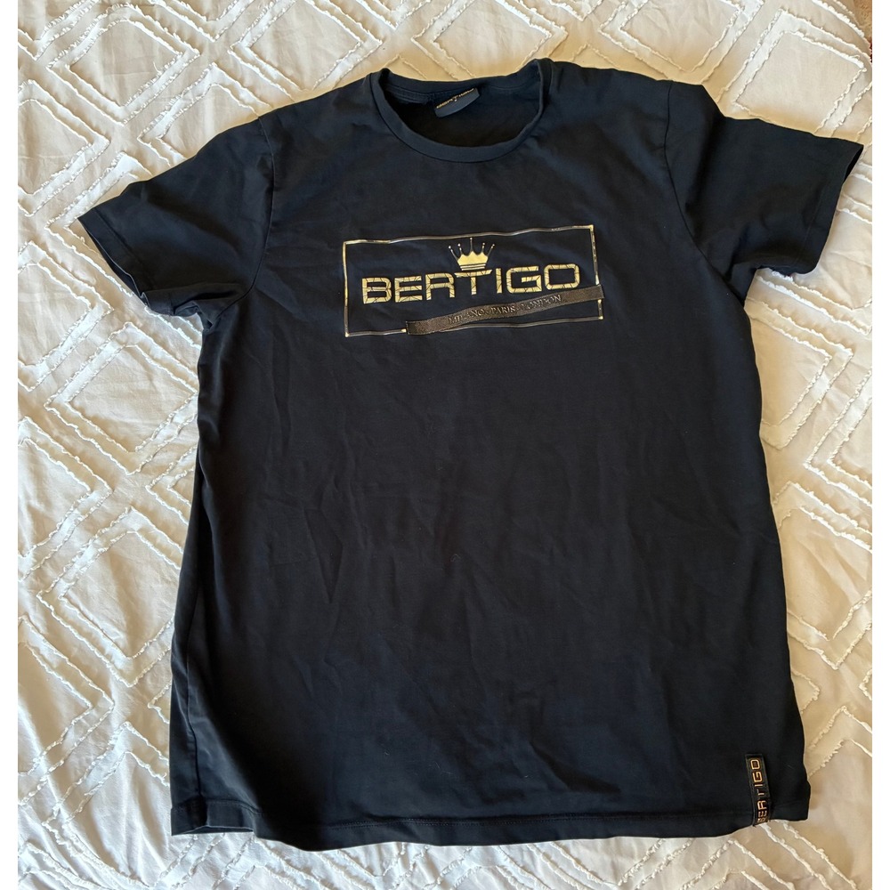 Bertigo Mens Graphic T-Shirt Black Gold Foil Logo Crown Milano Paris London S